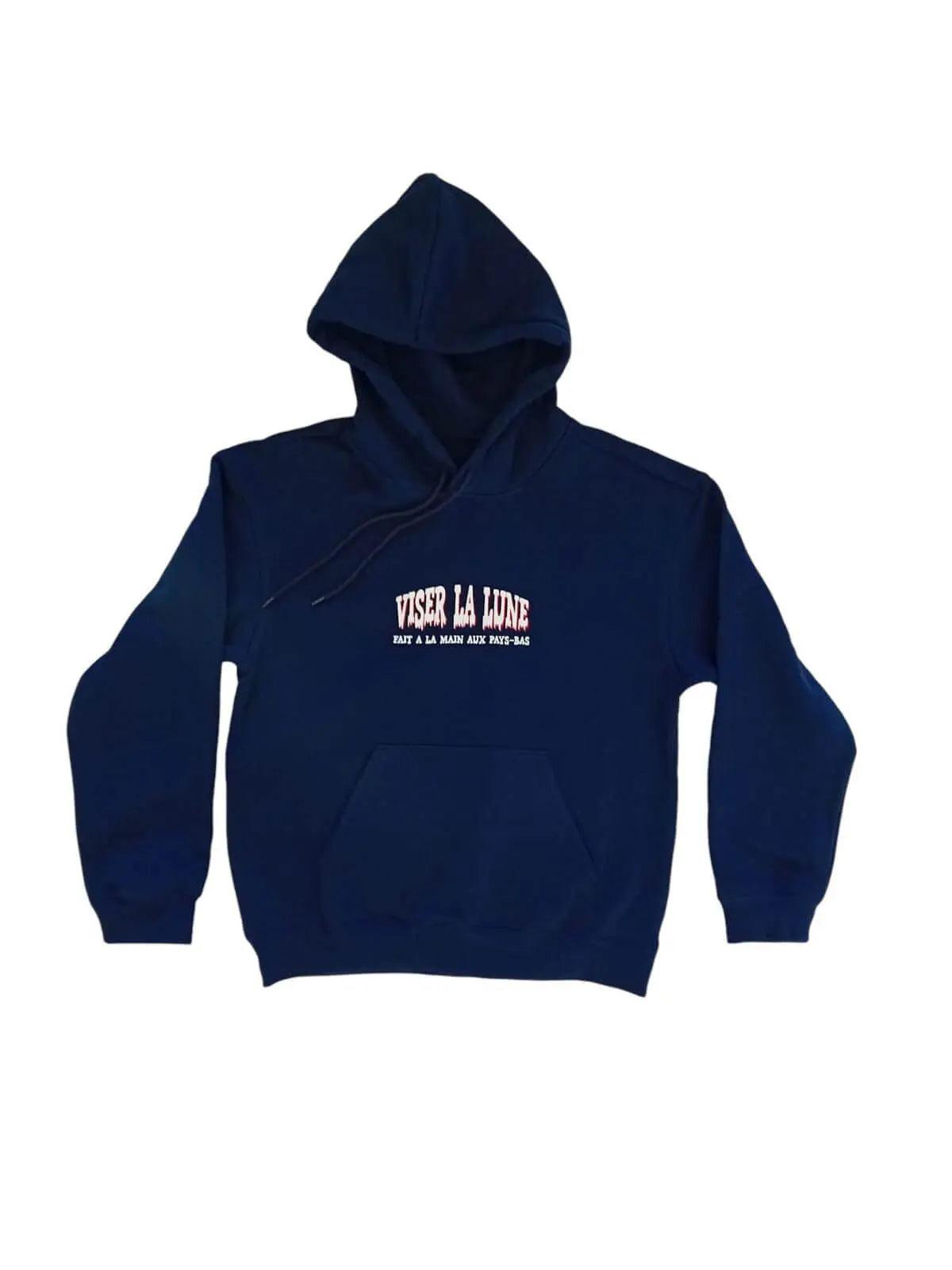 Blauwe hoodie met uitloop opdruk